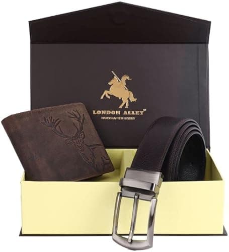 ELK Vintage Brown Leather Wallet & Black/Brown Reversible Belt Combo Gift Box for Men